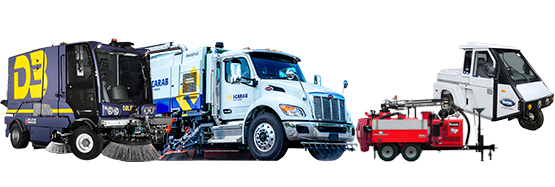 Lineup of a Dulevo Street Sweeper, Scarab Street Sweeper, Ring-O-Matic trailer jetter, and Westward parking enforcement vehicle